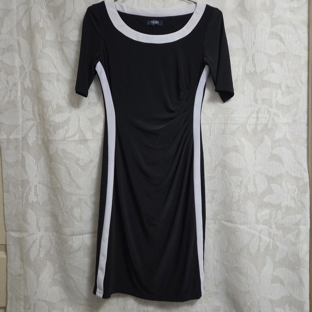 Slimming Black Dress White Stripes Small by Chaps Ruched Business Casual Formal